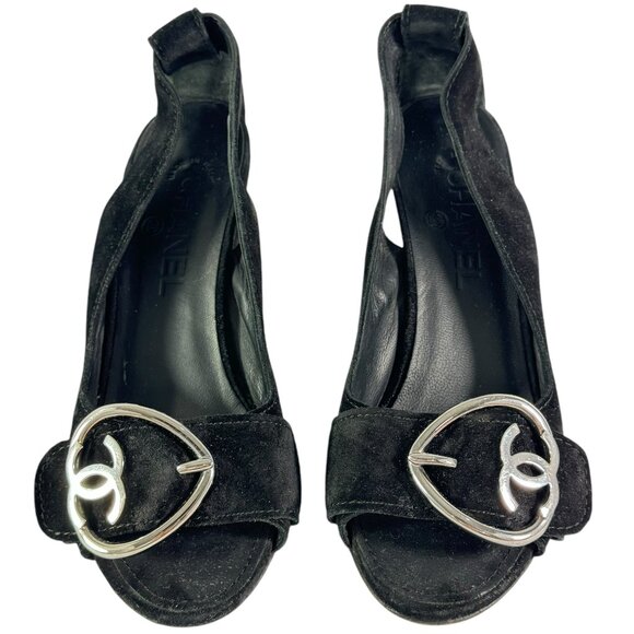 CHANEL Black Suede Heart CC Women's Peep Toe Wedge Sandals Italy 37 - 7US - Picture 1 of 14
